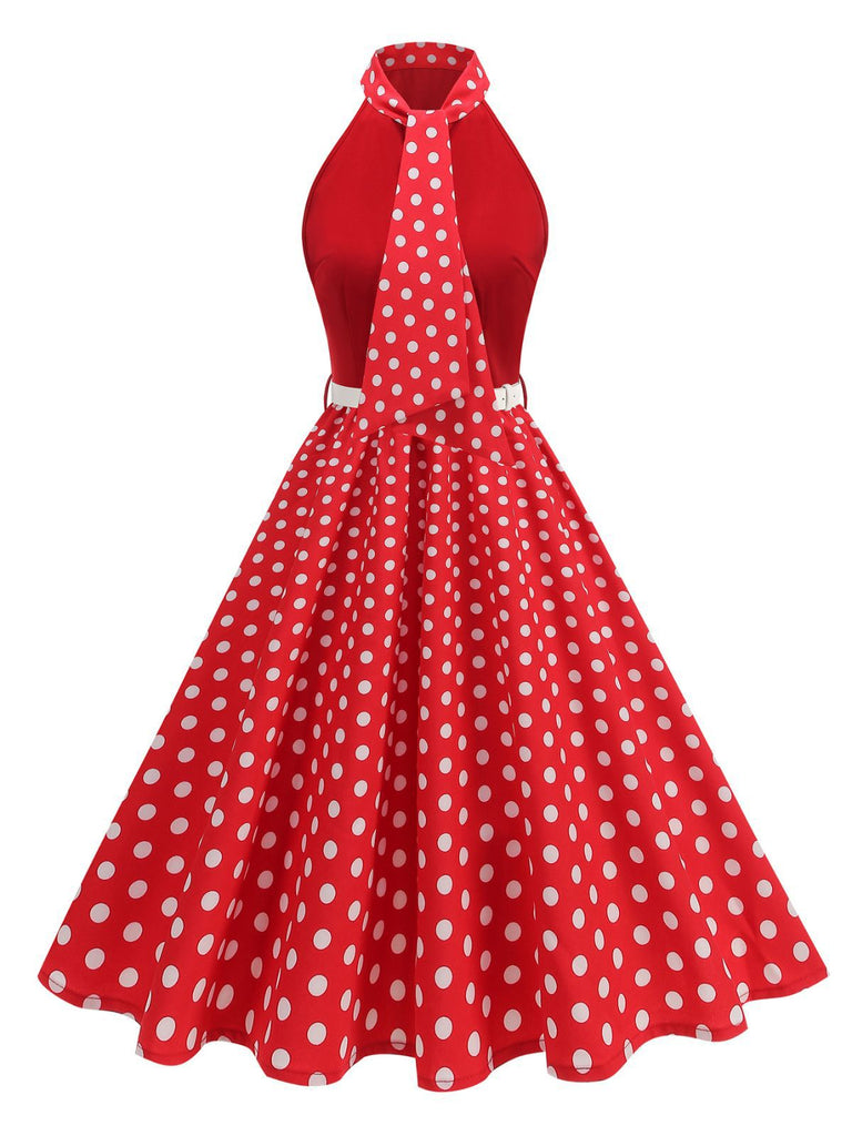 Abito a pois con cintura e collo a fiocco anni '50