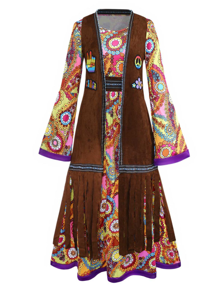 2PCS Gilet con frange e abito hippie psichedelico anni '70