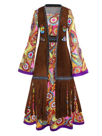 2PCS Gilet con frange e abito hippie psichedelico anni '70