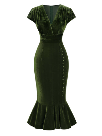Abito a sirena in velluto con scollo a V verde anni '30