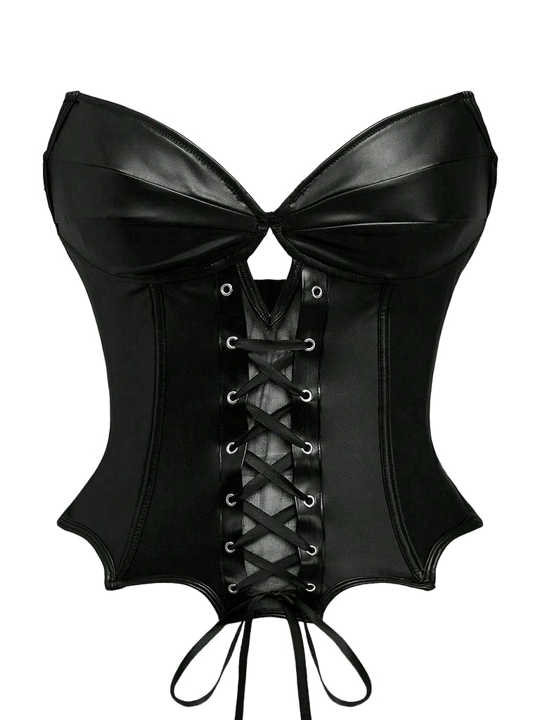 Corsetto gotico in pelle con ali di pipistrello nero anni '70
