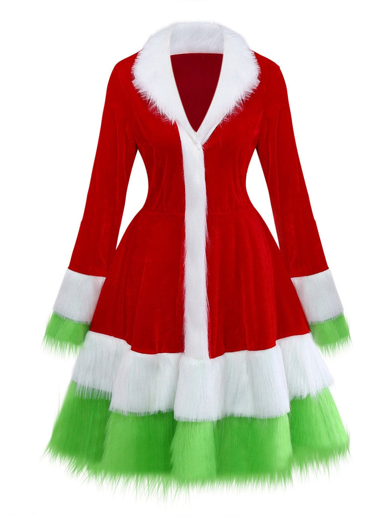 Abito con bordi in pelliccia del Grinch di Natale rosso anni '40