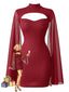 Abito aderente con mantello in chiffon di perle rosso anni '80