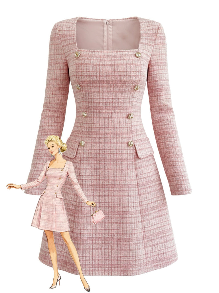 Abito  in tweed a quadri con bottoni e scollo quadrato rosa anni '60