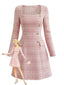 Abito  in tweed a quadri con bottoni e scollo quadrato rosa anni '60