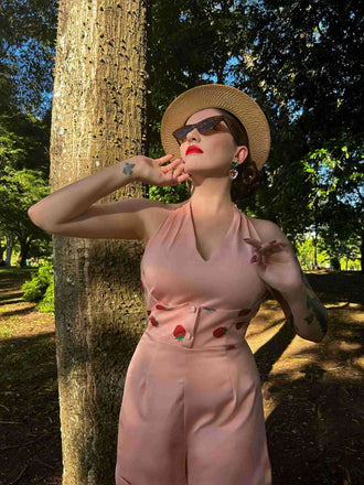 2PCS Tuta corta scollo a V gonna a ombrello rosa anni '50