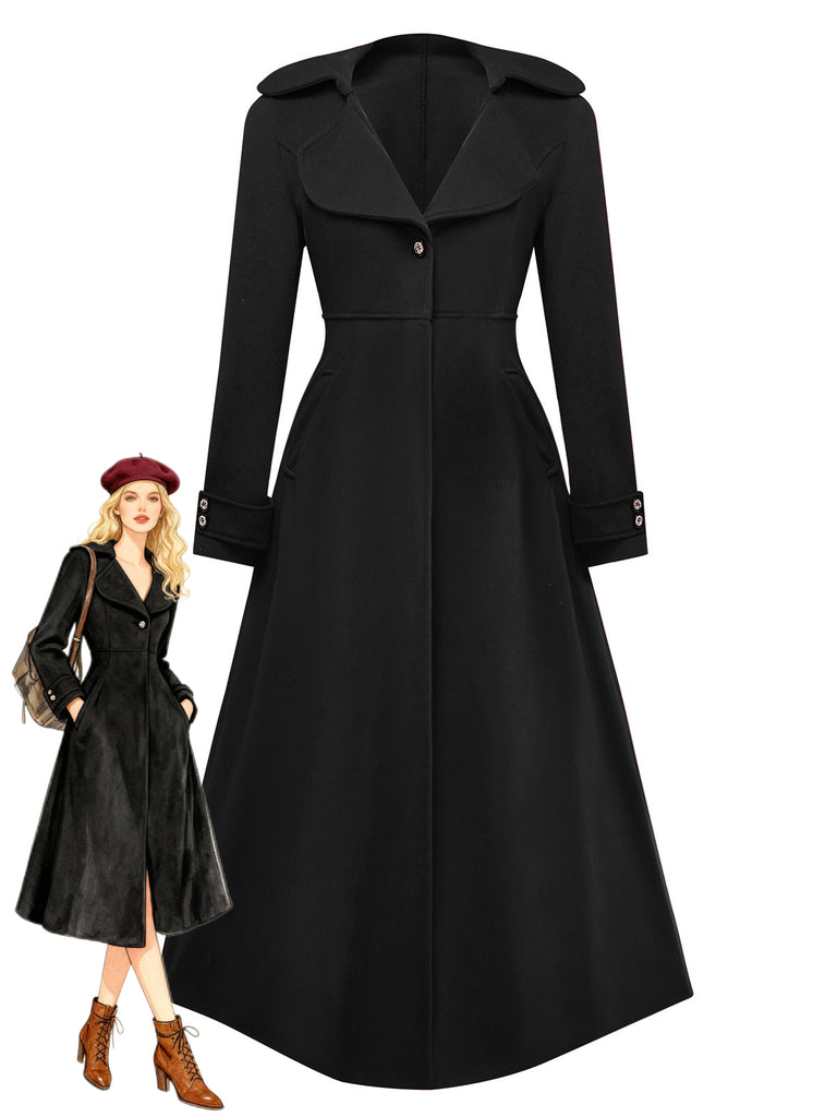Cappotto lungo con colletto a dente in finta lana nero anni '40