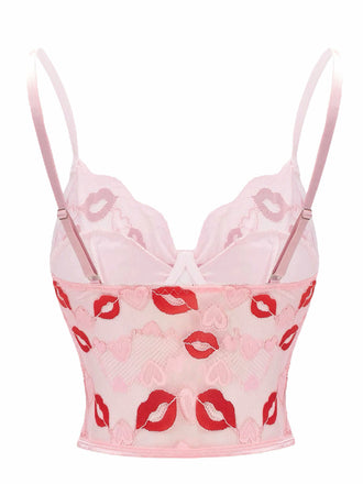 Corsetto in pizzo con stampa di baci San Valentino rosa anni '50