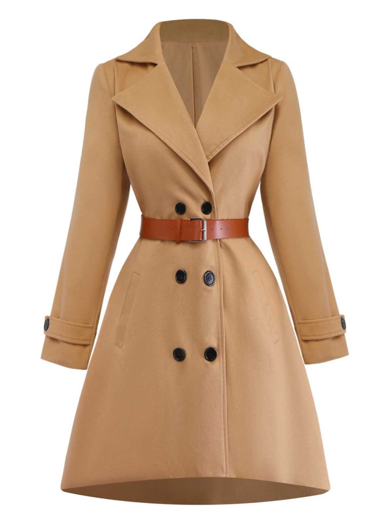 Cappotto doppiopetto con revers e cintura color cachi anni '40