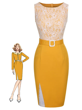 Abito in pizzo con cintura patchwork giallo anni '60