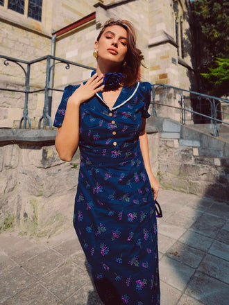 [Prevendita] Abito floreale maniche a sbuffo puro cotone blu anni '40