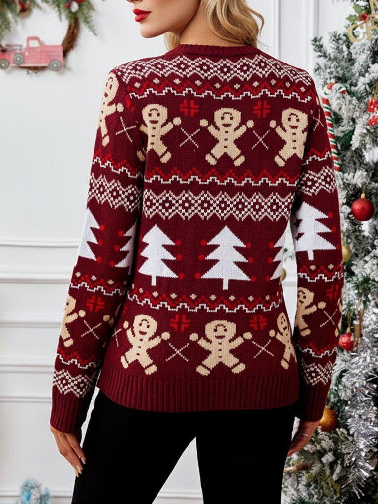Maglione con albero di Natale e pan di zenzero rosso anni '60