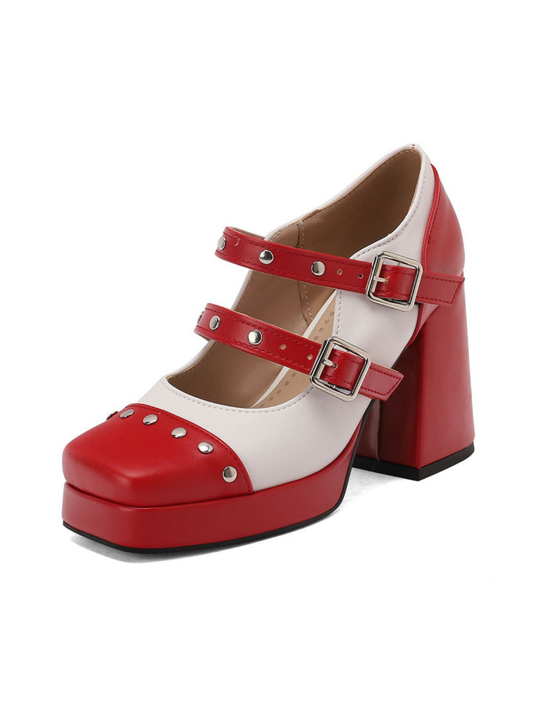 Scarpe Mary Jane con tacco a blocco e punta quadrata borchiata