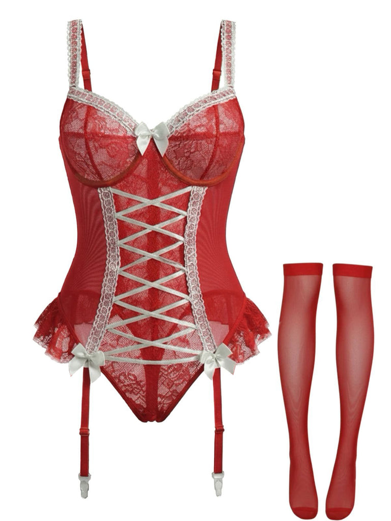 [Prevendita] Corsetto e fiocco in pizzo con calze rosso anni '60