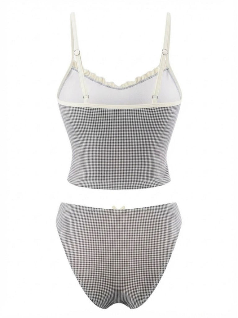 Completo tankini a quadri con pizzo rosso anni '50