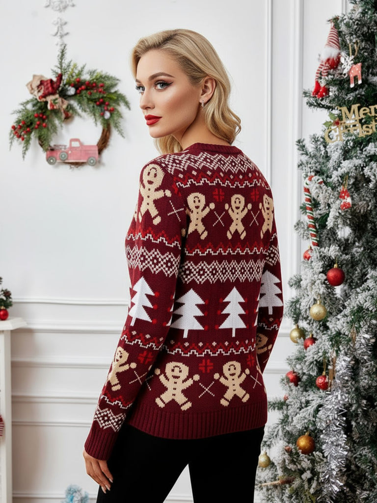 Maglione con albero di Natale e pan di zenzero rosso anni '60