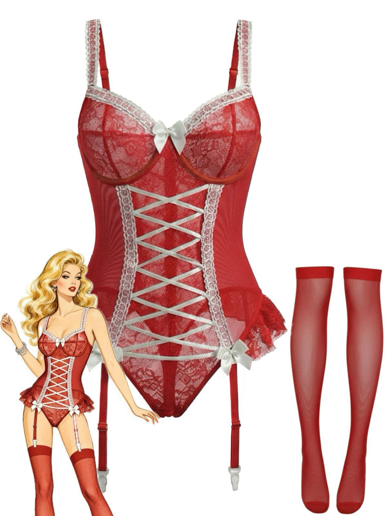[Prevendita] Corsetto e fiocco in pizzo con calze rosso anni '60