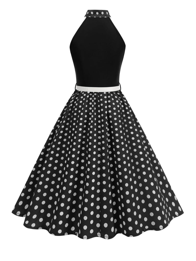Abito a pois con cintura e collo a fiocco anni '50