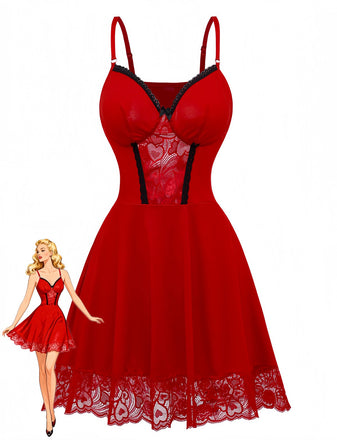 Camicia da notte con pizzo e spalline sottili rosso anni '40