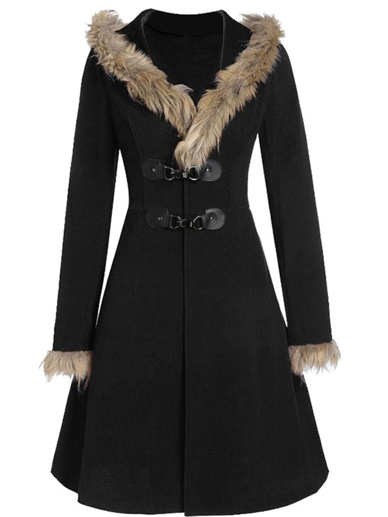 Cappotto con fibbia solida e rifiniture in pelliccia bordeaux anni '50