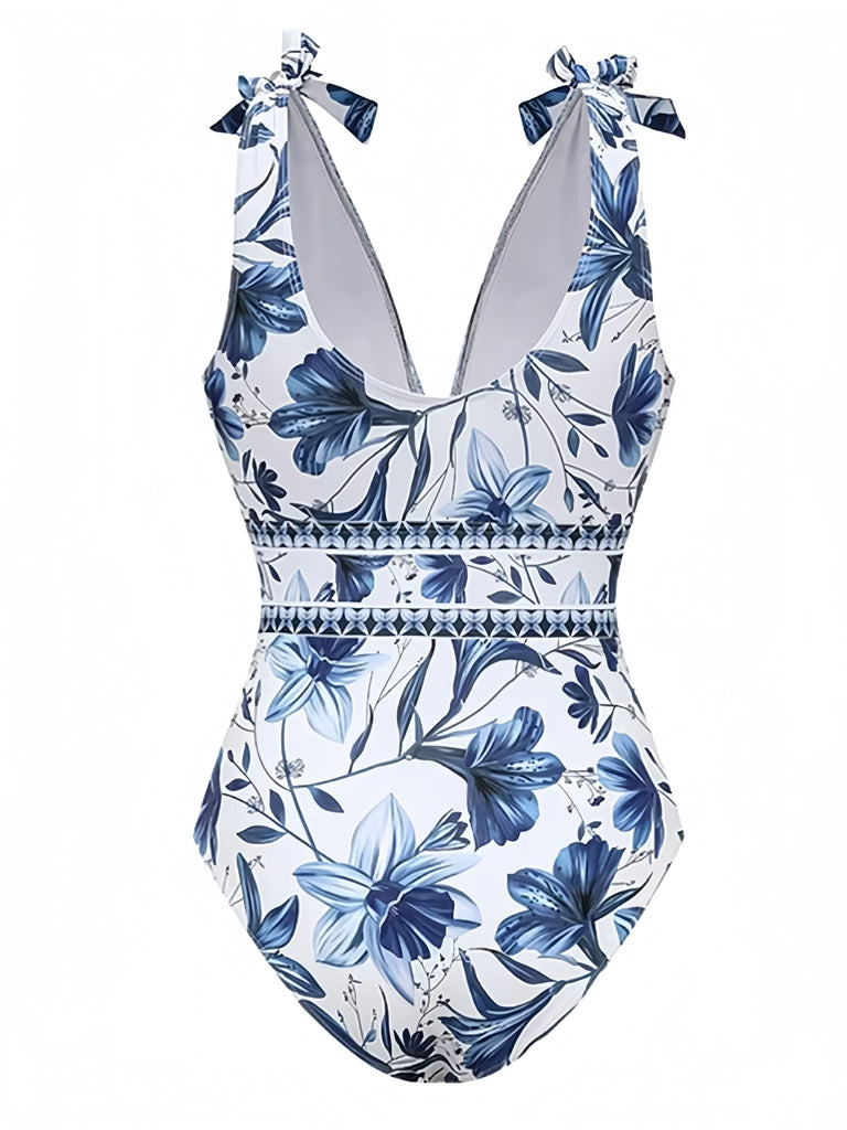 2PCS Costumi intero floreale scollo a V e copricostume blu anni '40