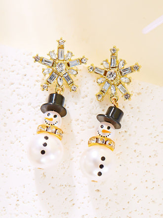 Orecchini a forma di pupazzo di neve e fiocco di neve in strass natalizi