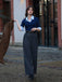 Tuta lunga con maniche a 3/4 in maglia colorblock blu anni '40