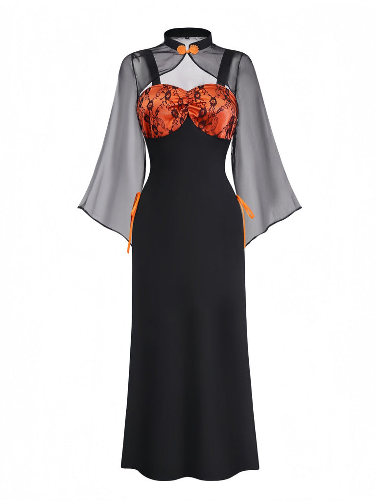 Abito pizzo floreale con mantello e cappello arancione anni '40