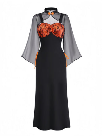 Abito pizzo floreale con mantello e cappello arancione anni '40