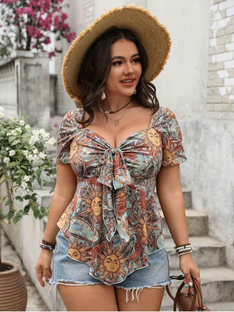 [Taglia Forti] Top boho stampa sole con fiocco multicolore anni '70