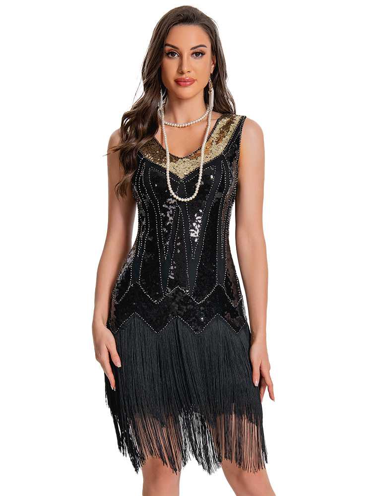 [Prevendita] Abito flapper con paillettes e orlo con frange anni '20
