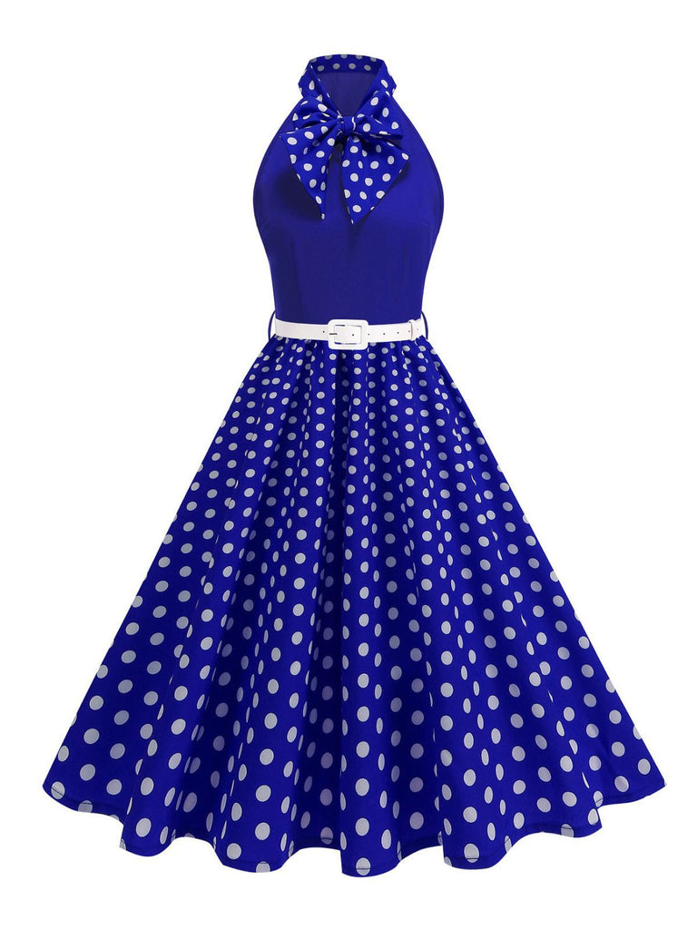 Abito a pois con cintura e collo a fiocco anni '50