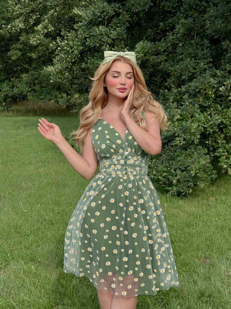 abito a ruota a fragole in rete verde anni '50