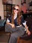 Tuta lunga con maniche a 3/4 in maglia colorblock blu anni '40