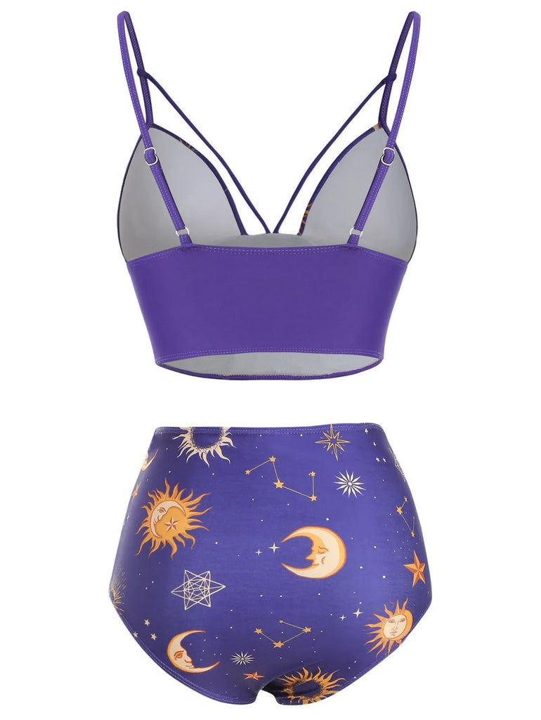 Costume da bagno lacci sole luna stelle viola anni '40