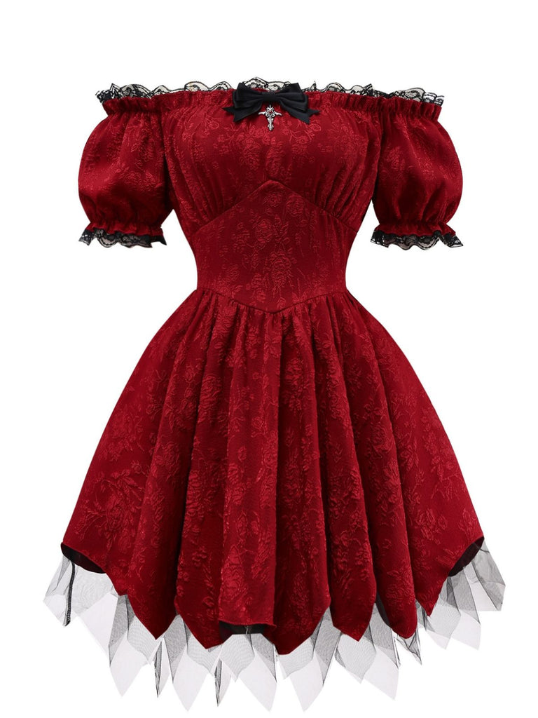 Abito gotico in pizzo e spalle scoperte rosso anni '70