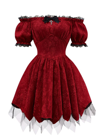 Abito gotico in pizzo e spalle scoperte rosso anni '70