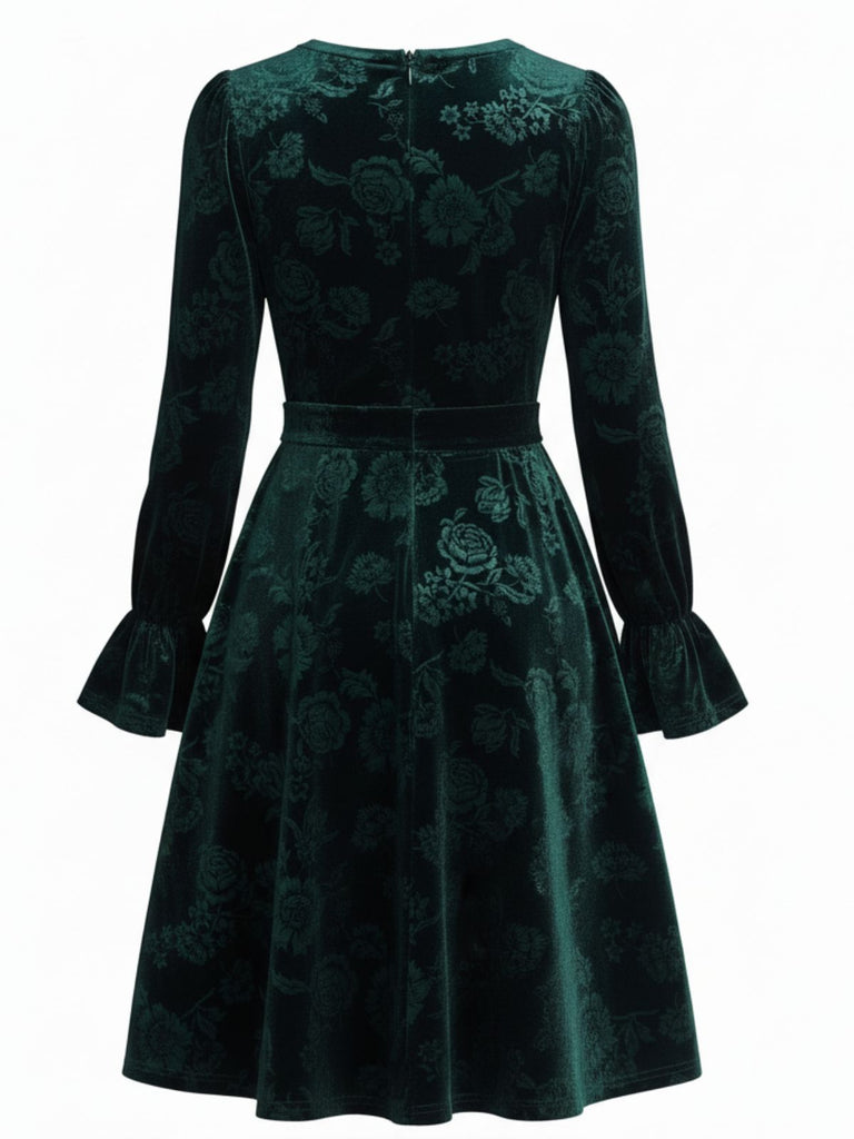 Abito jacquard in velluto con rose verde anni '60