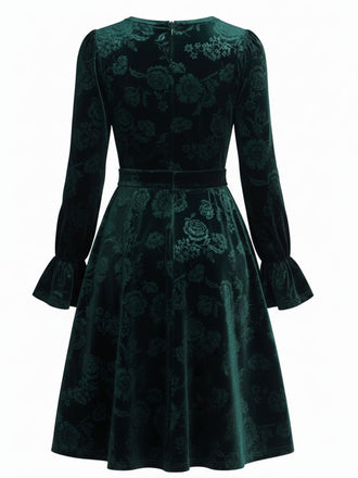 Abito jacquard in velluto con rose verde anni '60