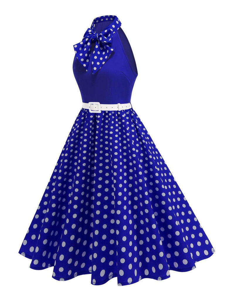 Abito a pois con cintura e collo a fiocco anni '50