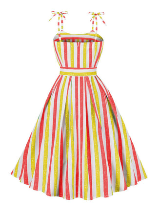 Abito a righe con cintura spalline annodate giallo anni '50