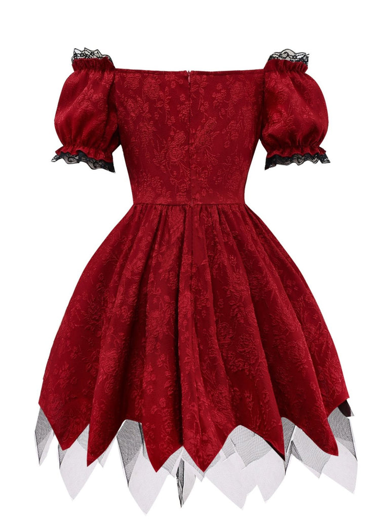 Abito gotico in pizzo e spalle scoperte rosso anni '70