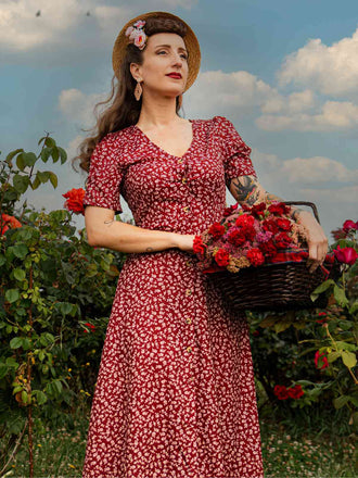 [Prevendita] Abito fiori a fiorellini con scollo a V bordeaux anni '40