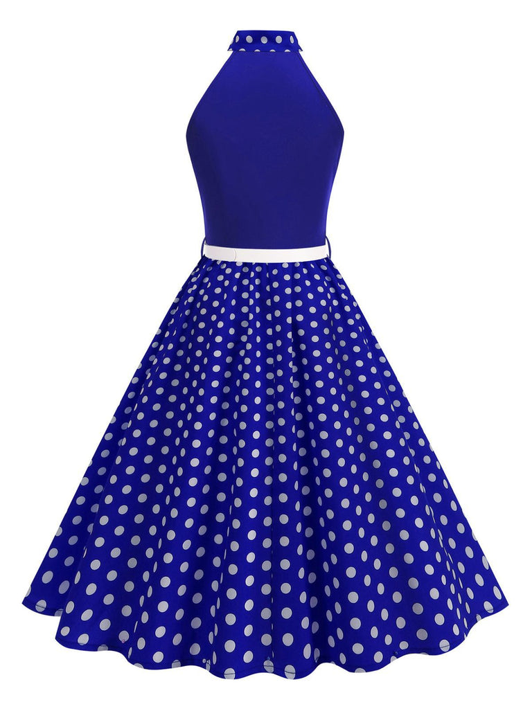 Abito a pois con cintura e collo a fiocco anni '50