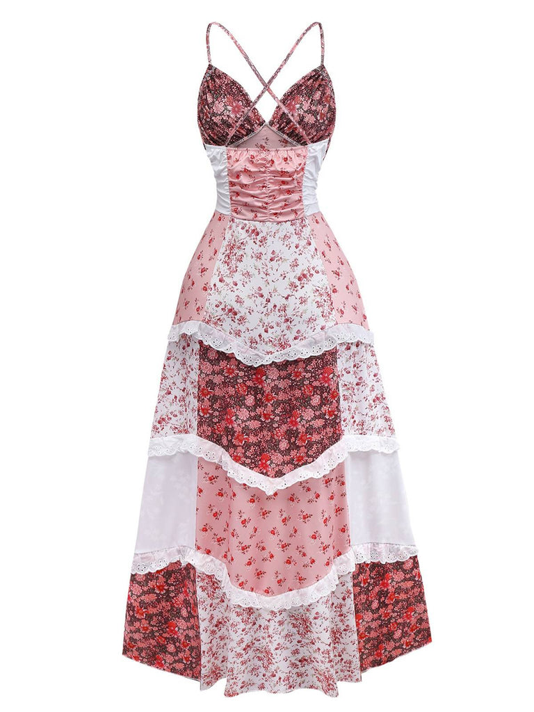 Multicolor 1930s Quilt Floral Print Ruffled Strap Dress - vintage dress, retro fashion
