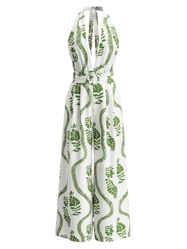 Green 1930s Leaf Halter Deep V Backless Jumpsuit