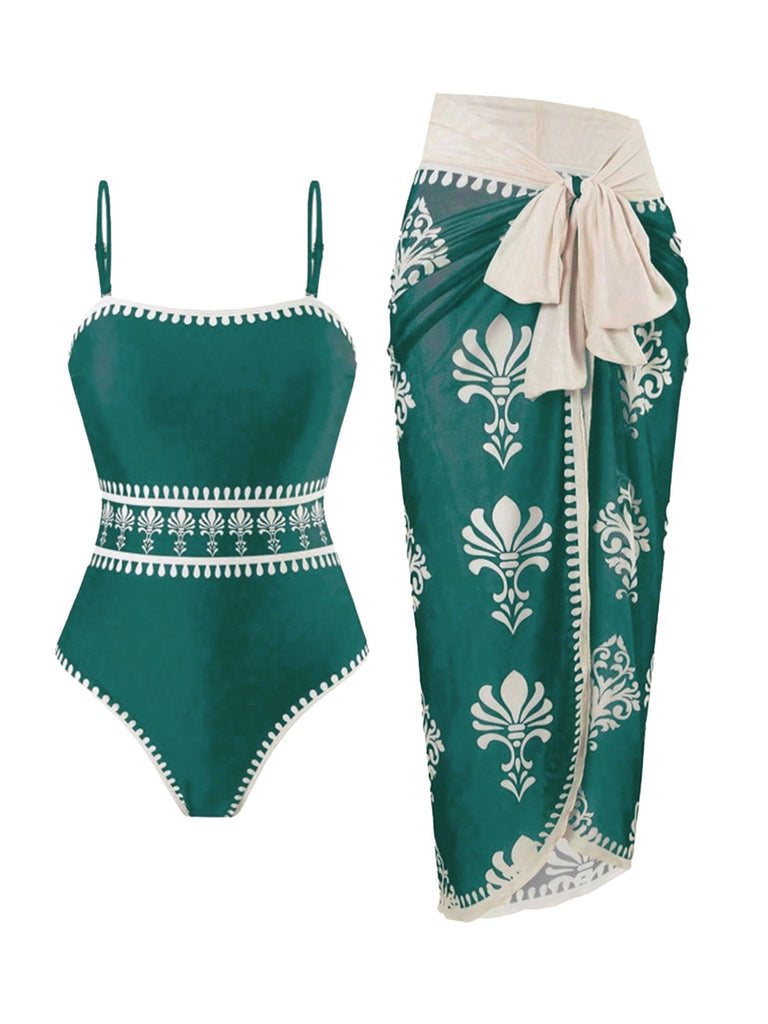 Costume da Bagno Intero Floreale Bohémien con Copricostume Anni '70 7