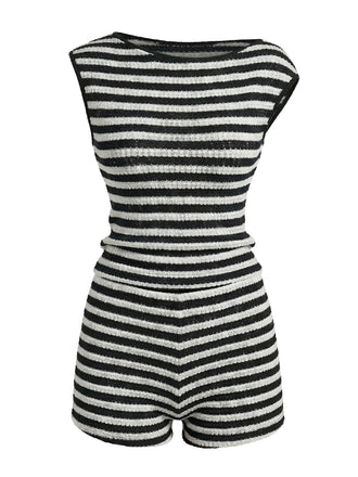 2PCS Top Nero a Righe Senza Maniche e Pantaloncini a Vita Alta Anni '40 2