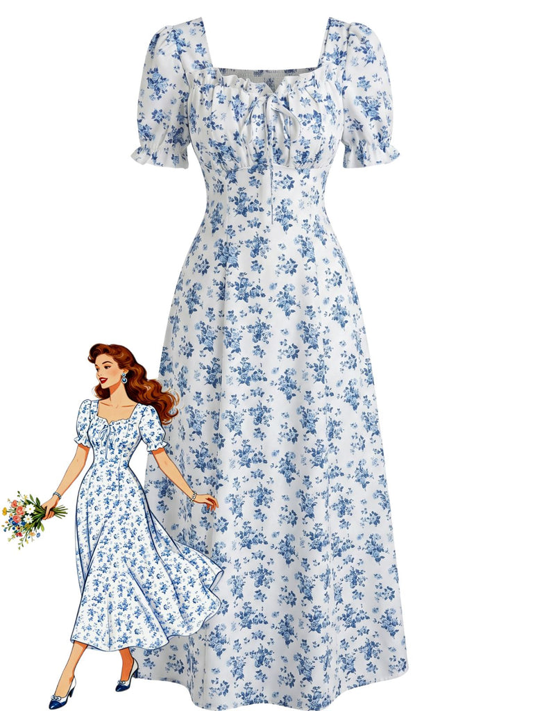 Abito Midi Floreale con Maniche a Sbuffo Anni '40