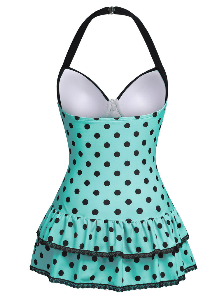 1940s Halter Polka Dots Bow One-Piece Swimsuit, classic vintage style summer beach collection
